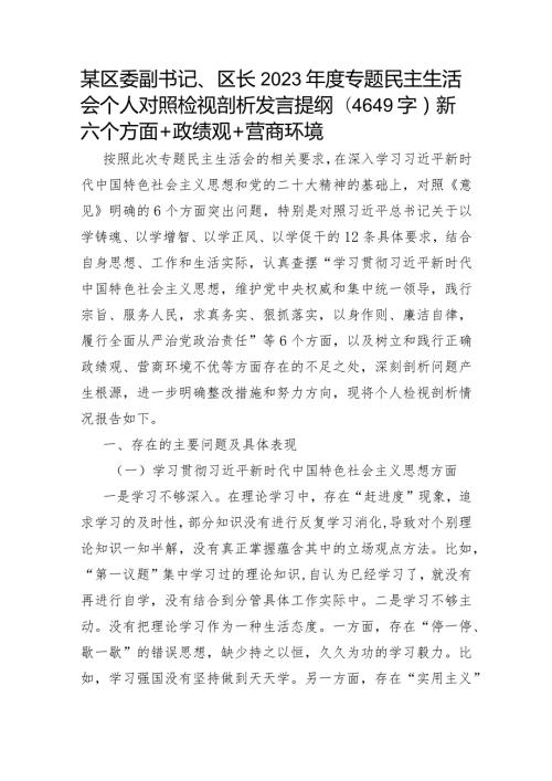 区委副书记、区长2023专题民主生活会个人对照检视剖析发言提纲（践行宗旨等6个方面+政绩观+营商环境.docx