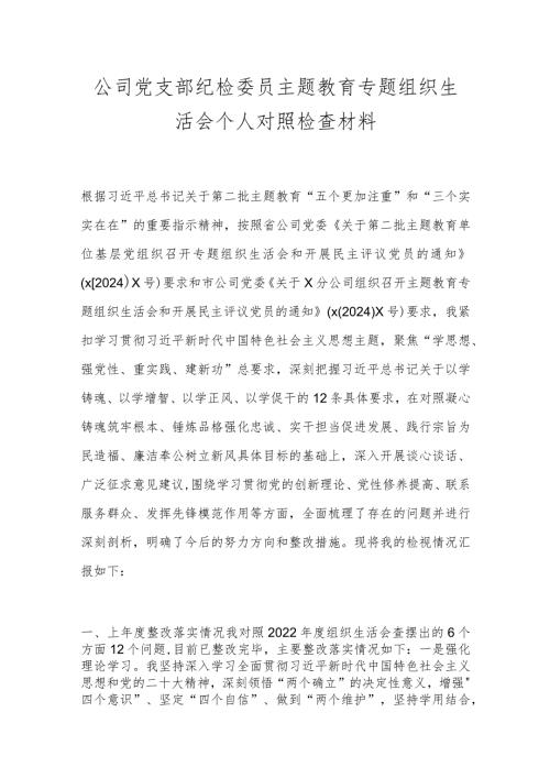 公司党支部纪检委员主题教育专题组织生活会个人对照检查材料.docx