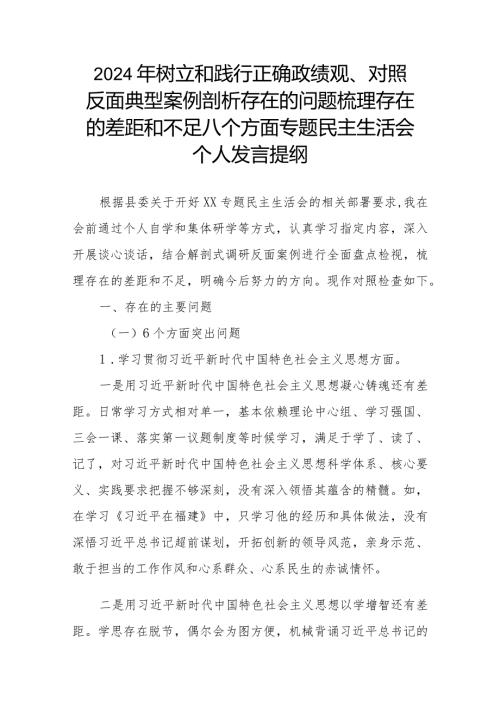 2024年树立和践行正确政绩观、对照反面典型案例剖析存在的问题梳理存在的差距和不足八个方面专题民主生活会个人发言提纲(1).docx