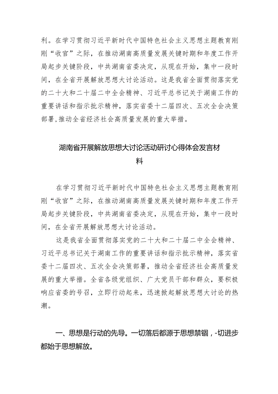 湖南省党员干部开展解放思想大讨论活动专题研讨发言材料（2024年）范文八篇（详细版）.docx_第3页