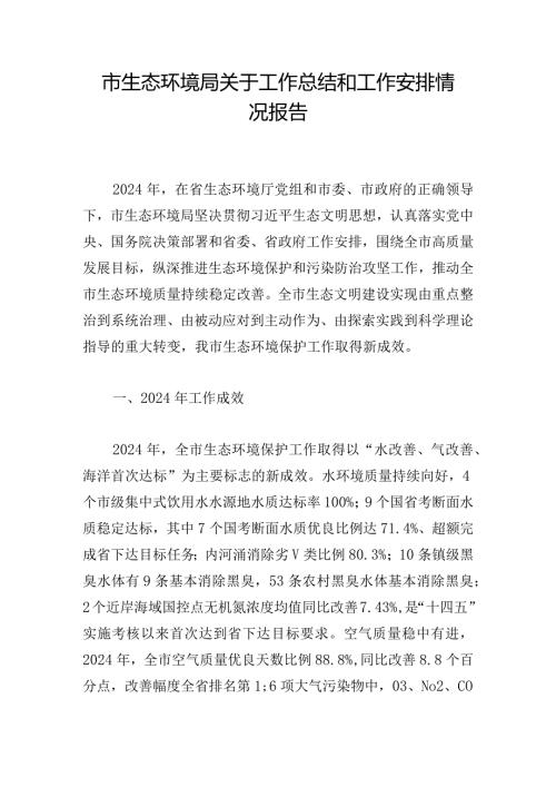 市生态环境局关于工作总结和工作安排情况报告.docx