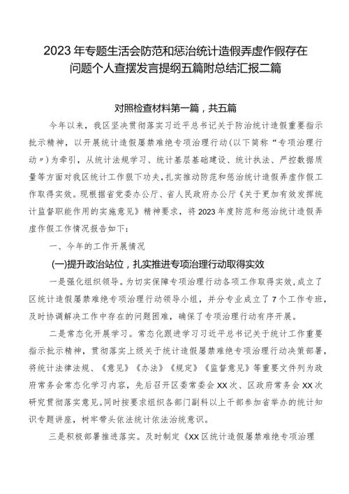 2023年专题生活会防范和惩治统计造假弄虚作假存在问题个人查摆发言提纲五篇附总结汇报二篇.docx