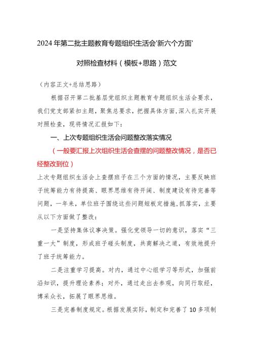 2024年第二批主题教育专题组织生活会“新六个方面”对照检查材料（模板+思路）范文.docx