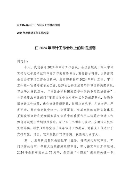 （2篇）在2024年审计工作会议上的讲话提纲2024审计工作实施方案.docx