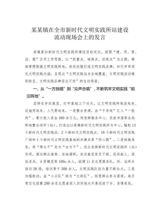 某某镇在全市新时代文明实践所站建设流动现场会上的发言.docx