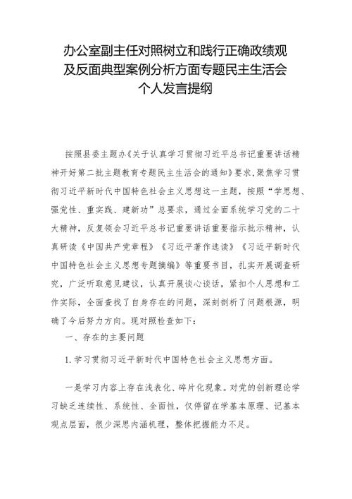 办公室副主任对照树立和践行正确政绩观及反面典型案例分析方面专题民主生活会个人发言提纲.docx