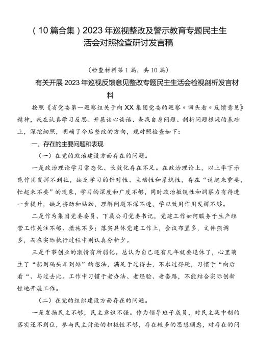 （10篇合集）2023年巡视整改及警示教育专题民主生活会对照检查研讨发言稿.docx