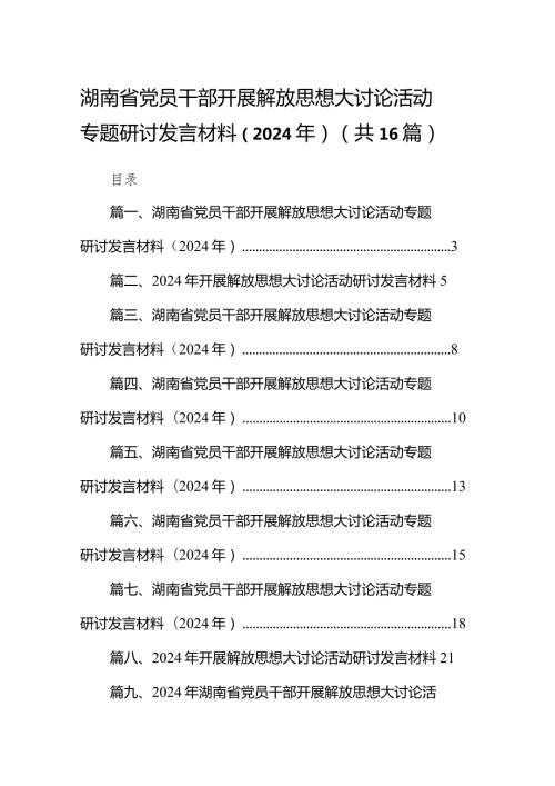 湖南省党员干部开展解放思想大讨论活动专题研讨发言材料（2024年）16篇（详细版）.docx