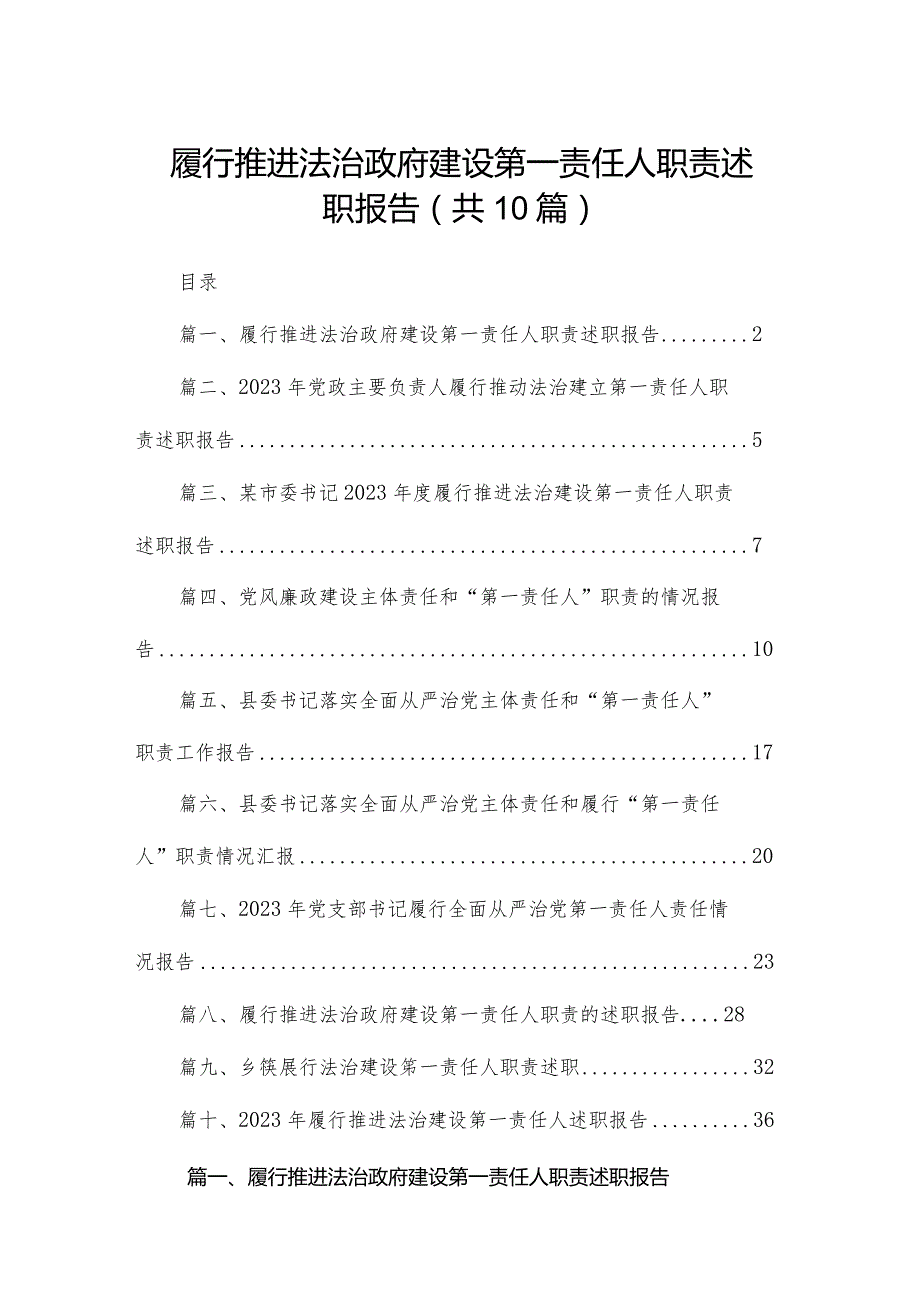 履行推进法治政府建设第一责任人职责述职报告10篇供参考.docx_第1页