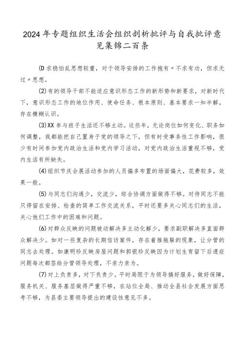 2024年专题组织生活会组织剖析批评与自我批评意见集锦二百条.docx