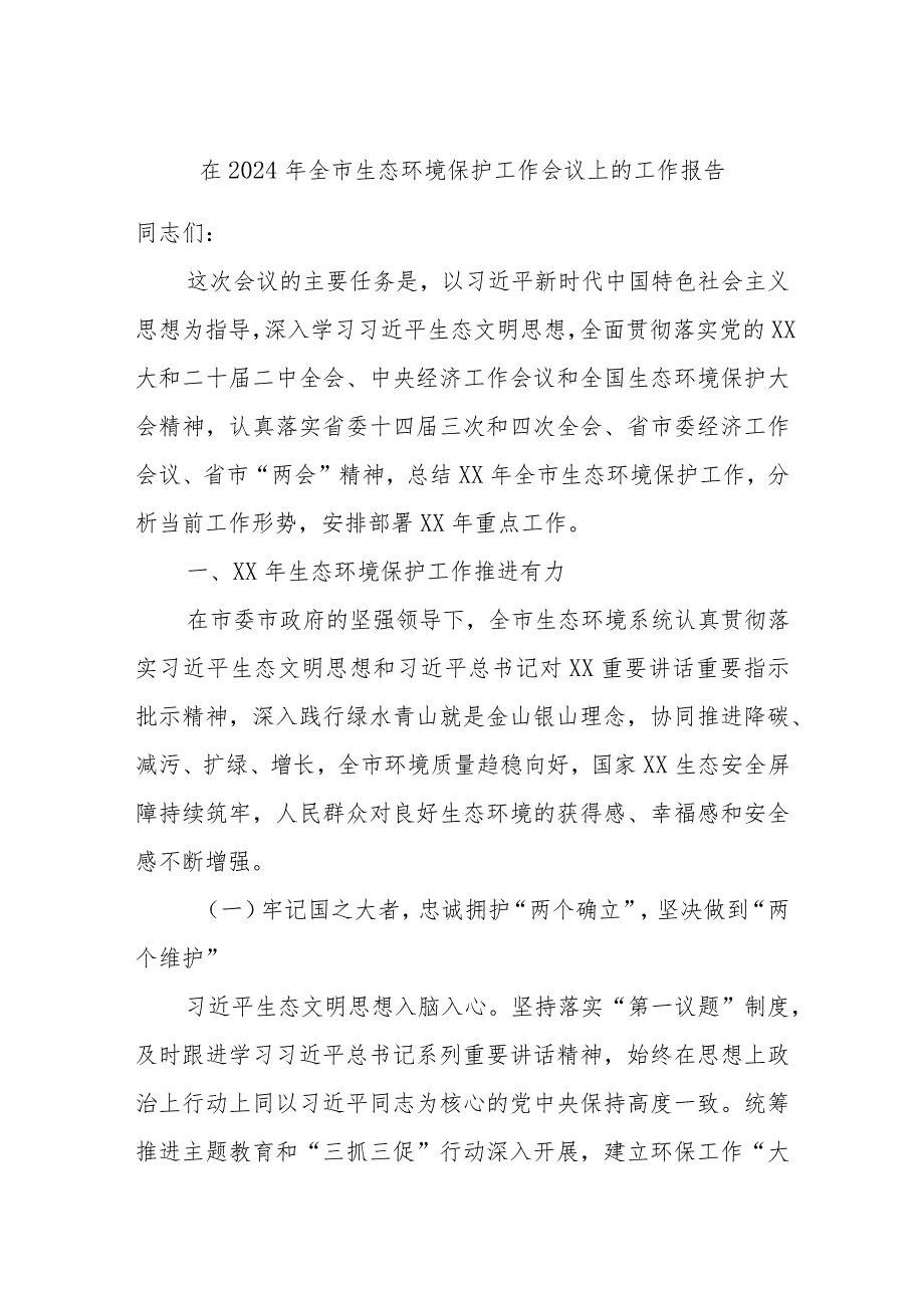 在2024年全市生态环境保护工作会议上的工作报告(2).docx_第1页
