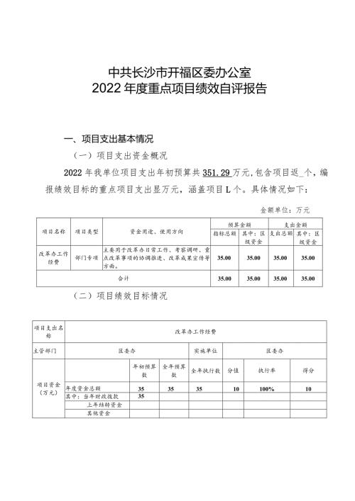 中共长沙市开福区委办公室2022重点项目绩效自评报告.docx