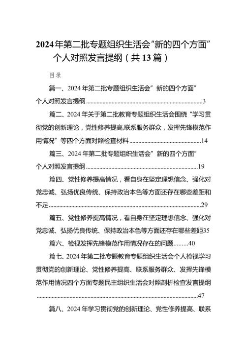 2024年第二批专题组织生活会“新的四个方面”个人对照发言提纲13篇（最新版）.docx