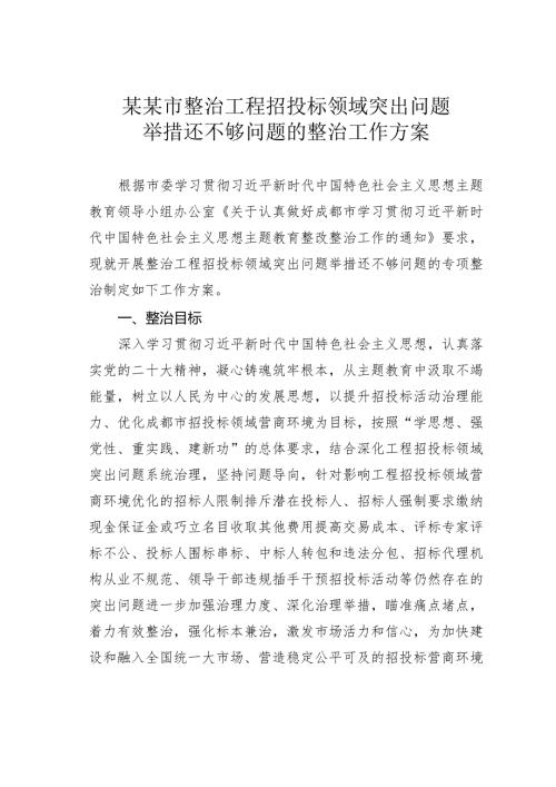 某某市整治工程招投标领域突出问题举措还不够问题的整治工作方案.docx