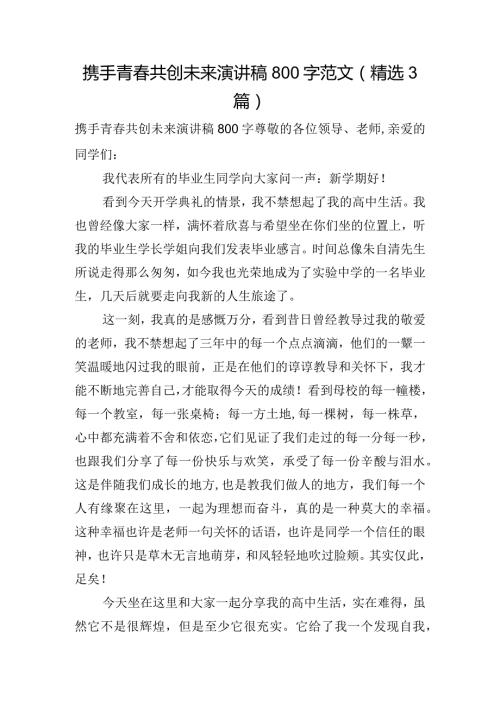 携手青共创未来演讲稿800字范文(精选3篇).docx