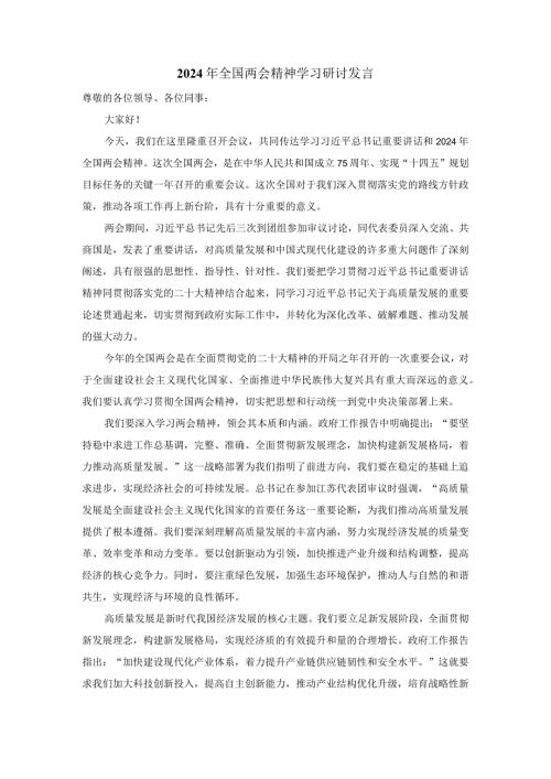 2024年全国两会精神学习研讨发言四.docx