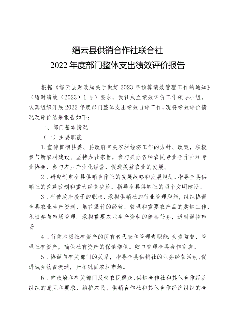 缙云县供销合作社联合社2022部门整体支出绩效评价报告.docx_第1页