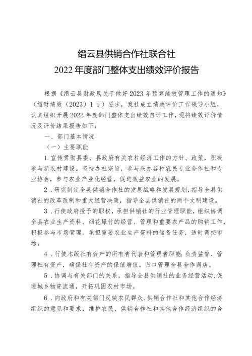 缙云县供销合作社联合社2022部门整体支出绩效评价报告.docx