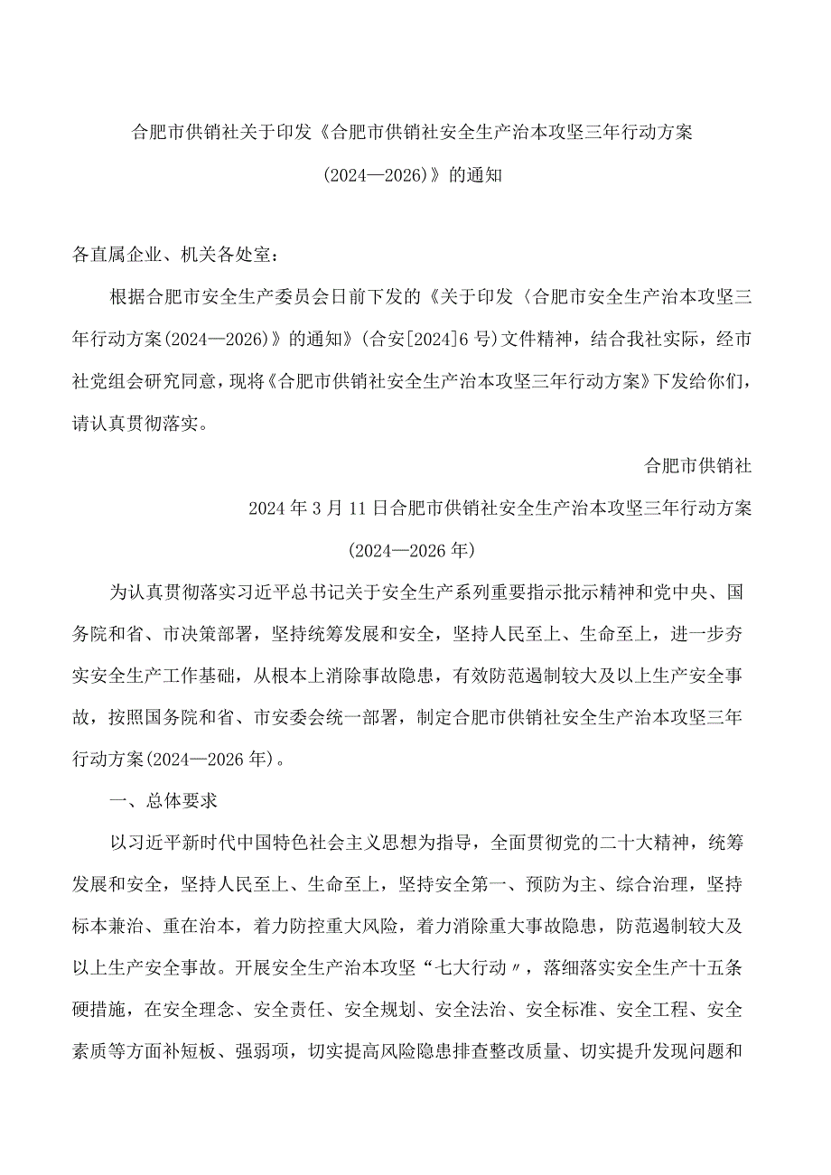 《合肥市供销社安全生产治本攻坚三年行动方案(2024―2026)》.docx_第1页