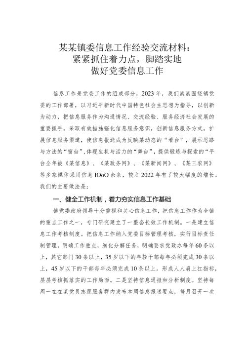 某某镇委信息工作经验交流材料：紧紧抓住着力点脚踏实地做好党委信息工作.docx
