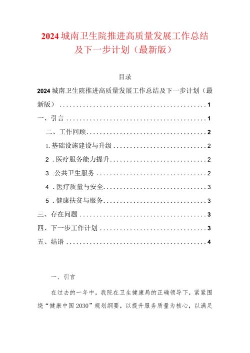 2024中心卫生院推进高质量发展工作总结及下一步计划.docx