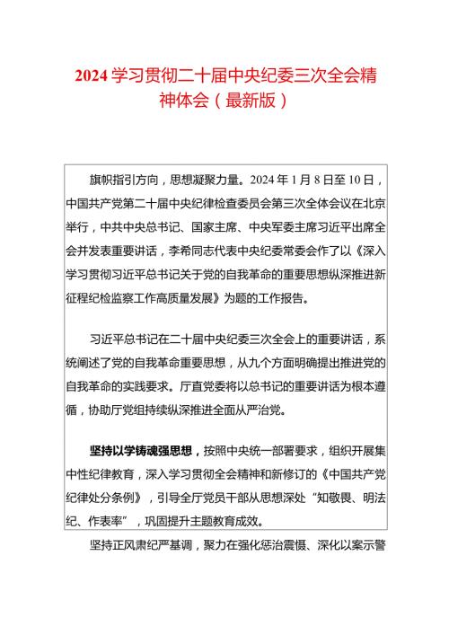 2024学习贯彻二十中央纪委三次全会精神体会（最新版）.docx