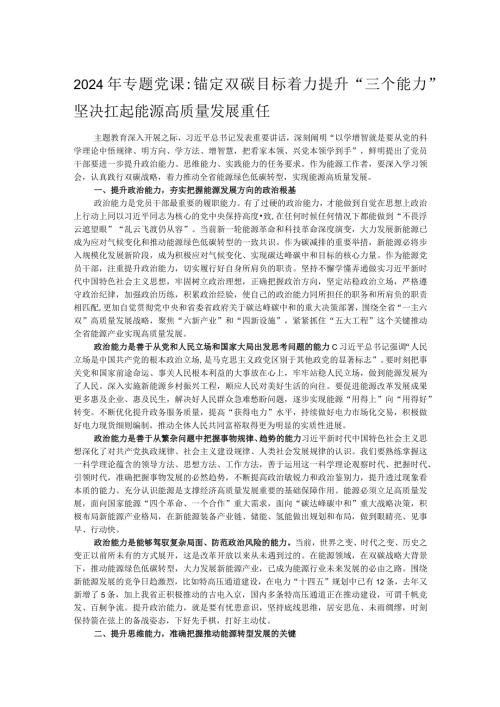 2024年专题党课：锚定双碳目标着力提升“三个能力”坚决扛起能源高质量发展重任.docx