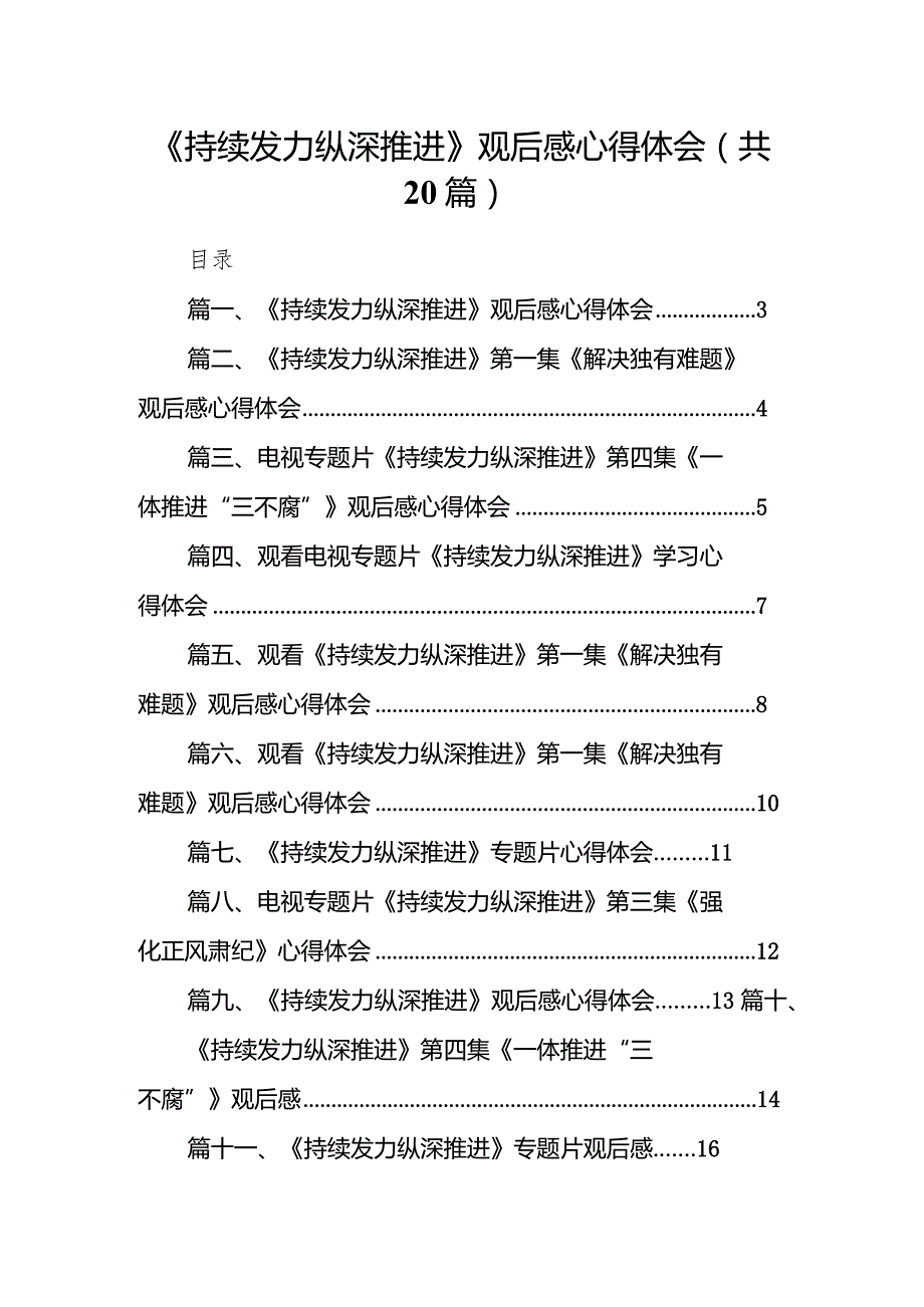（20篇）《持续发力纵深推进》观后感心得体会.docx_第1页