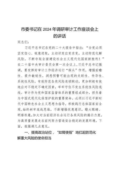 市委书记在2024年调研审计工作座谈会上的讲话.docx
