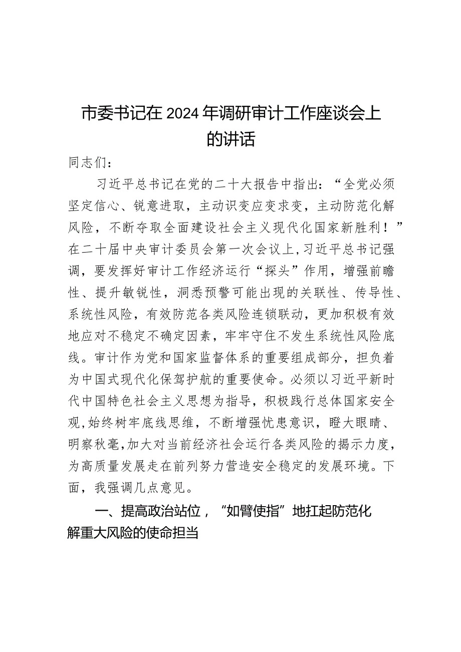 市委书记在2024年调研审计工作座谈会上的讲话.docx_第1页