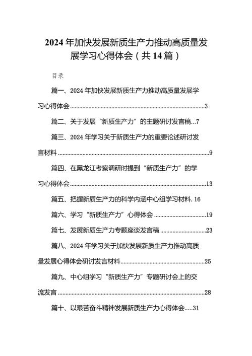 2024年加快发展新质生产力推动高质量发展学习心得体会范文14篇（详细版）.docx
