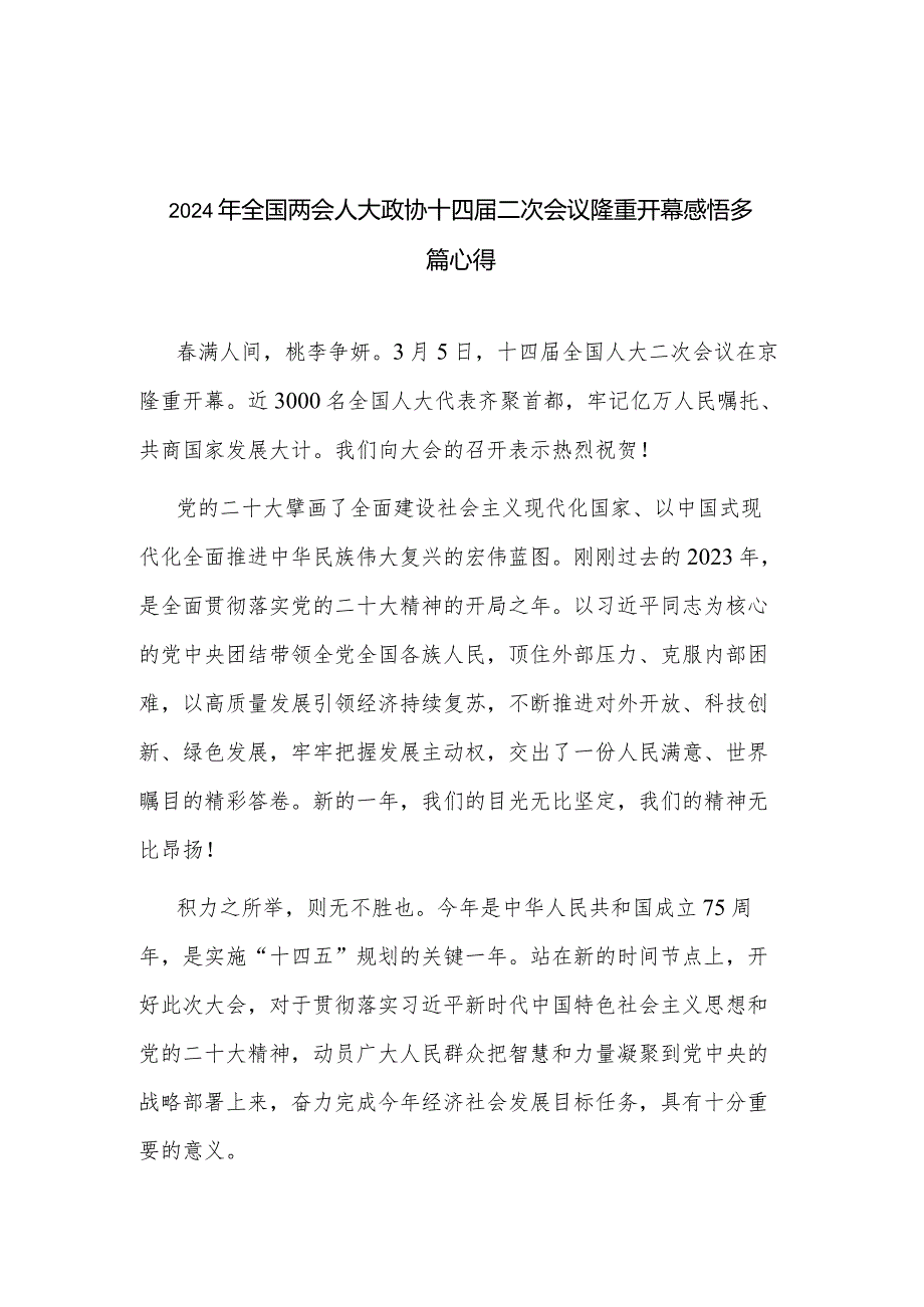 2024年全国两会人大政协十四二次会议隆重开幕感悟多篇心得.docx_第1页