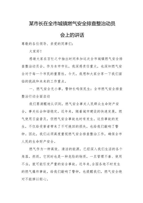 某市长在全市城镇燃气安全排查整治动员会上的讲话.docx