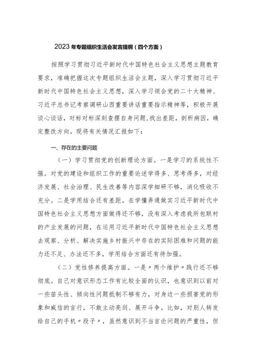 20232024年专题组织生活会对照四个方面个人发言提纲.docx