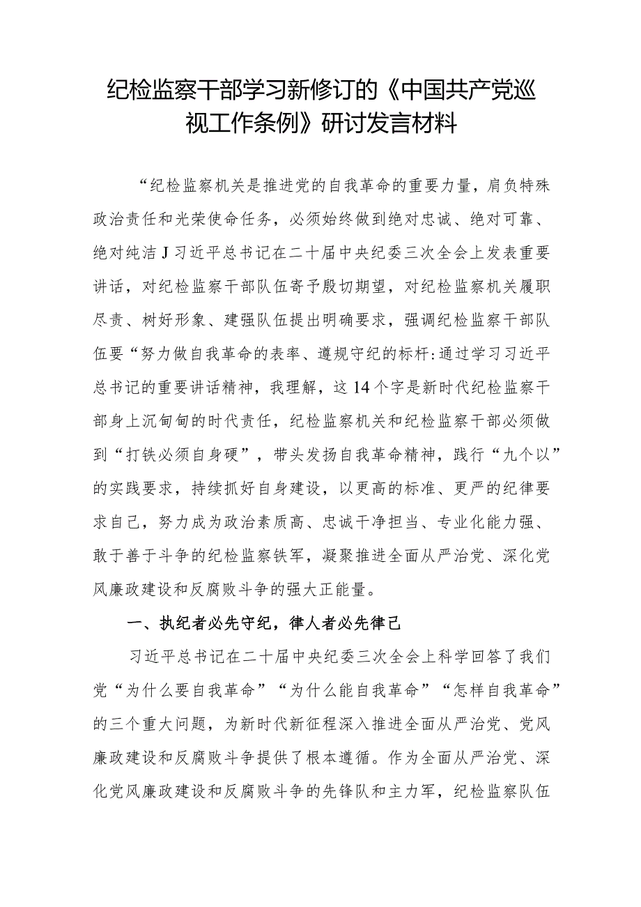 2024纪检监察干部学习新修订的《中国共产党巡视工作条例》研讨发言材料和书记在新纪检监察专题工作会议上的讲话.docx_第2页
