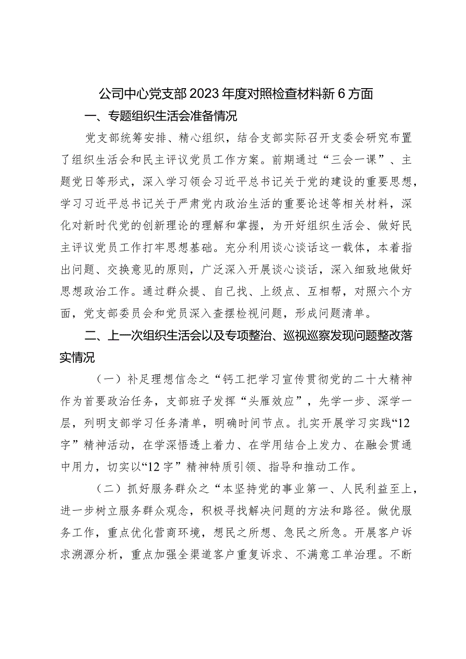 国企公司支部20232024班子对照检查材料（会前准备+上整改+践行宗旨等6个方面）.docx_第1页