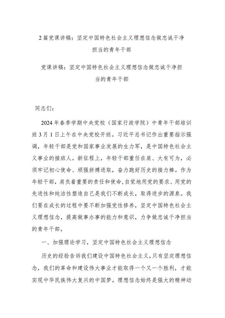 2篇党课讲稿：坚定中国特色社会主义理想信念做忠诚干净担当的青年干部.docx_第1页