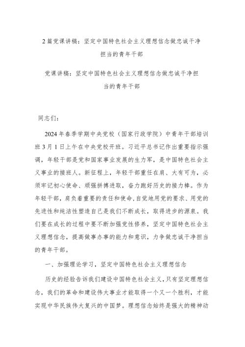 2篇党课讲稿：坚定中国特色社会主义理想信念做忠诚干净担当的青年干部.docx