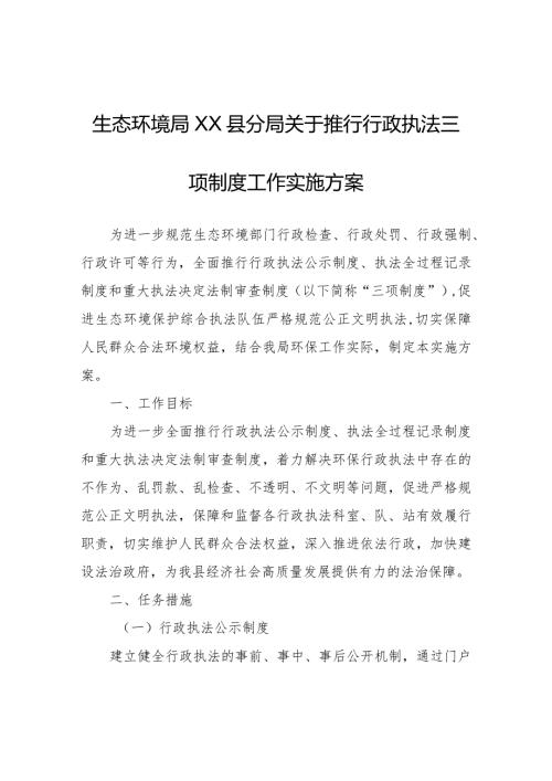 生态环境局XX县分局关于推行行政执法三项制度工作实施方案.docx