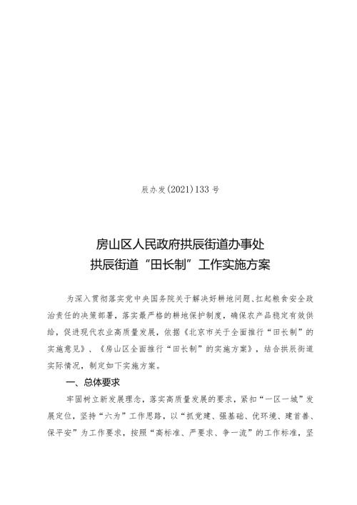 辰办发〔2021〕133号房山区人民政府拱辰街道办事处拱辰街道“田长制”工作实施方案.docx