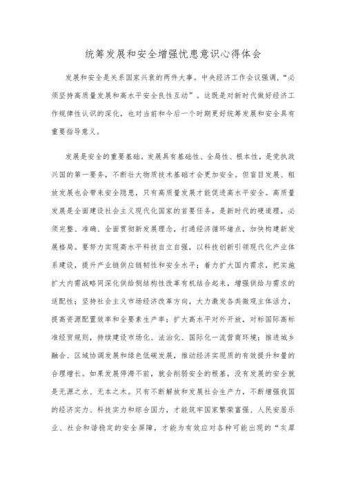 统筹发展和安全增强忧患意识心得体会.docx