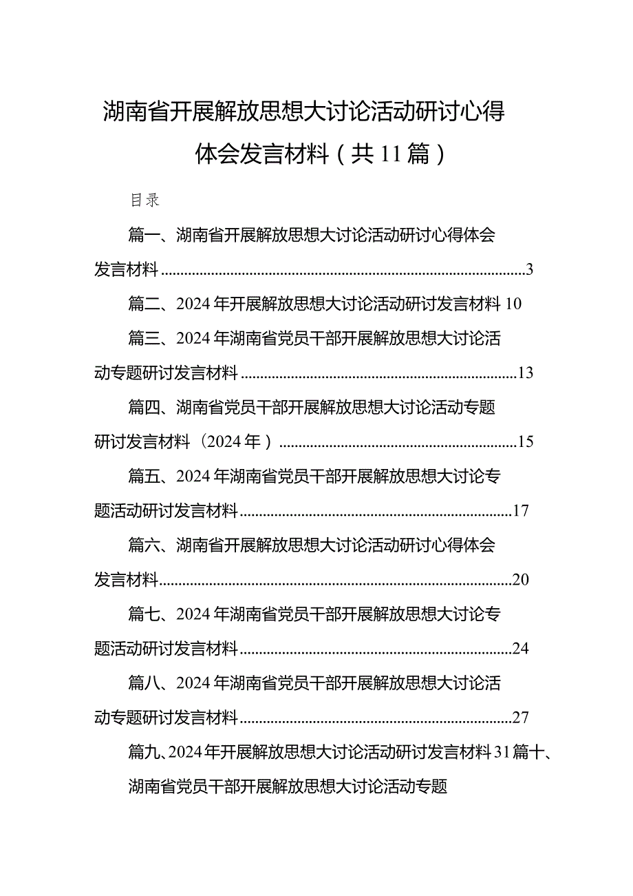 （11篇）湖南省开展解放思想大讨论活动研讨心得体会发言材料完整版.docx_第1页