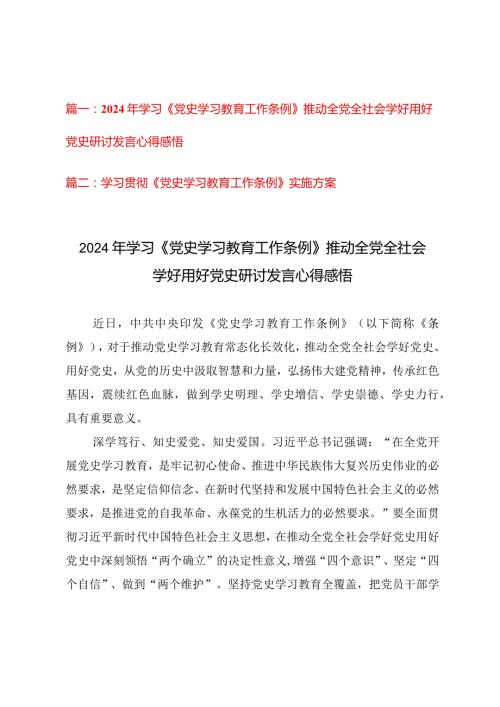（2篇）2024年学习《党史学习教育工作条例》推动全党全社会学好用好党史研讨发言心得感悟、实施方案.docx