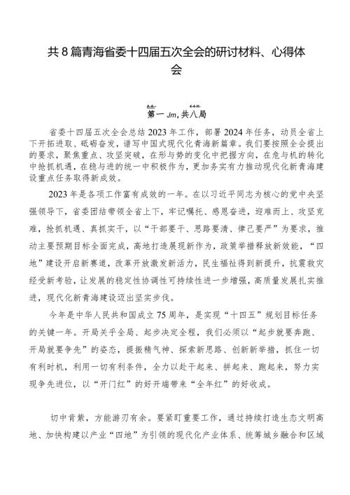 共8篇青海省委十四五次全会的研讨材料、心得体会.docx