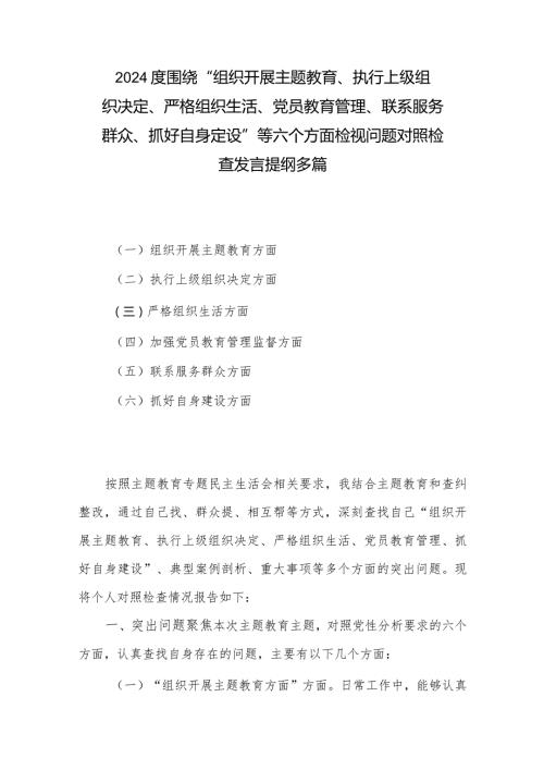 2024度围绕“组织开展主题教育、执行上级组织决定、严格组织生活、党员教育管理、联系服务群众、抓好自身定设”等六个方面检视问题对照检.docx