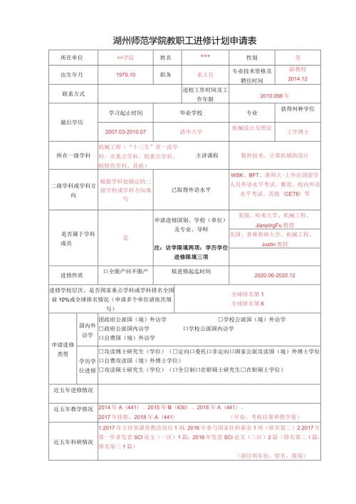湖州师范学院教职工进修计划申请表.docx