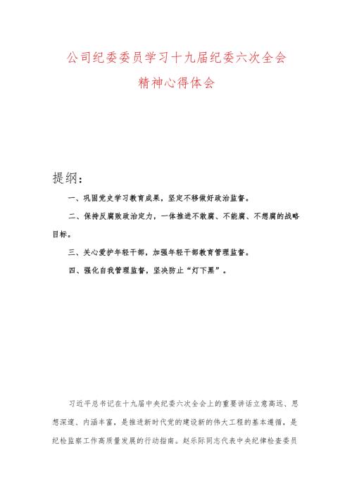 公司纪委委员学习十九纪委六次全会精神心得体会.docx