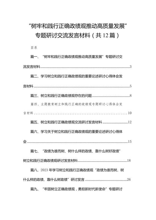 “树牢和践行正确政绩观推动高质量发展”专题研讨交流发言材料12篇（精编版）.docx