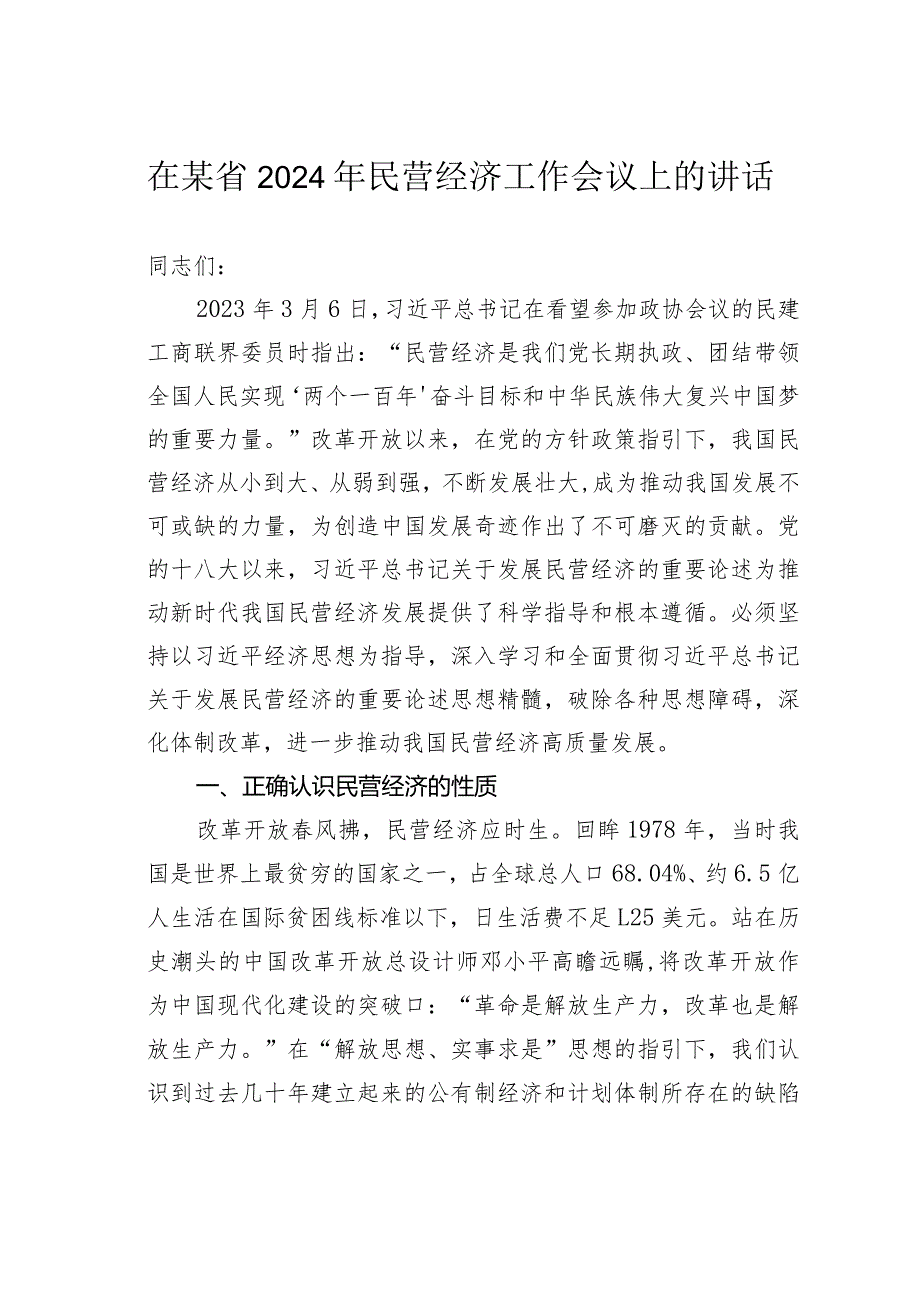 在某省2024年民营经济工作会议上的讲话.docx_第1页