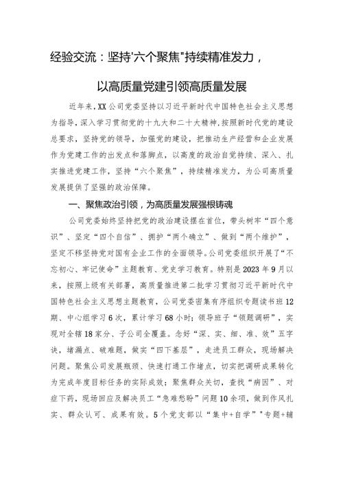 经验交流：坚持“六个聚焦”持续精准发力以高质量党建引领高质量发展(1).docx